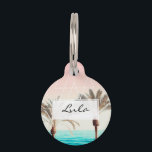 Modern retro palm tree sunset pink blue beach whit pet ID tag<br><div class="desc">Modern tropical palm tree sunset pink blue beach photography white geometric triangles by Girly Trend
home</div>