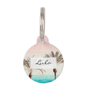 Modern retro palm tree sunset pink blue beach whit pet ID tag