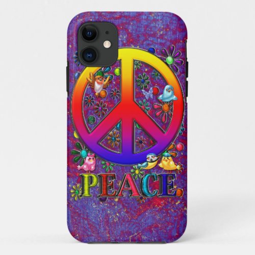 Modern Retro Peace Sign Text Birds  Flowers iPhone 11 Case