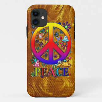 Modern Retro Peace Sign Text Birds & Flowers iPhone 11 Case