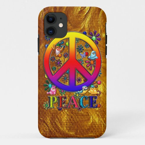 Modern Retro Peace Sign Text Birds  Flowers iPhone 11 Case