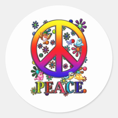 Modern Retro Peace Sign Text Birds  Flowers II Classic Round Sticker