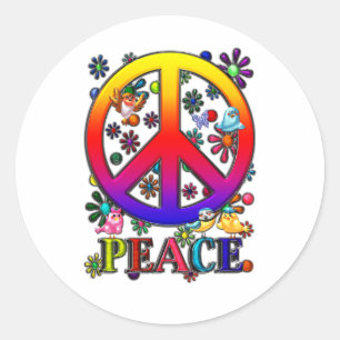Modern Retro Peace Sign Text Birds & Flowers II Classic Round Sticker