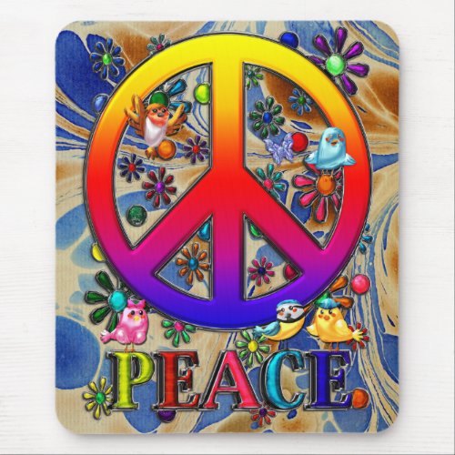 Modern Retro Peace Sign Text Birds  Flowers II Mouse Pad