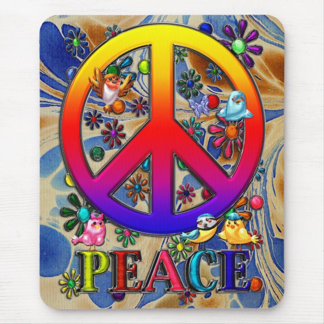 Modern Retro Peace Sign Text Birds & Flowers II Mouse Pad (Front)