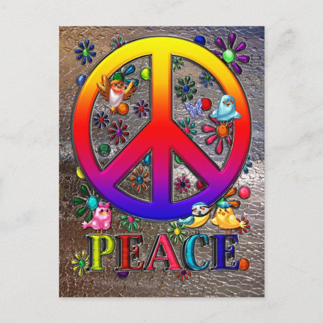 Modern Retro Peace Sign Text Birds & Flowers II Postcard (Front)