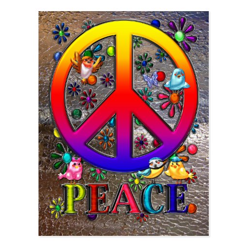 Modern Retro Peace Sign Text Birds & Flowers II Postcard | Zazzle