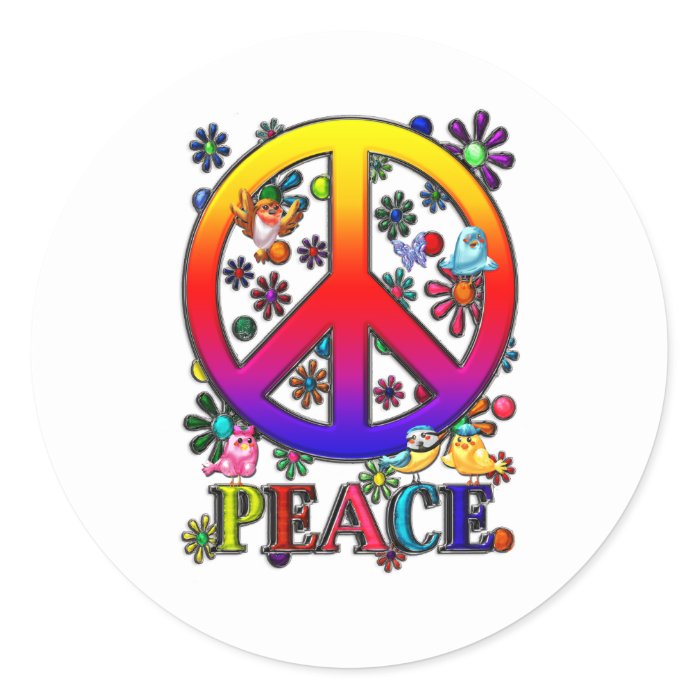 Modern Retro Peace Sign Text Birds & Flowers II Round Stickers