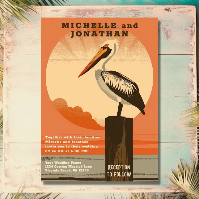 Modern Retro Pelican Beach Wedding Invitation (Front - Modern Retro Pelican Beach Wedding Invitation)