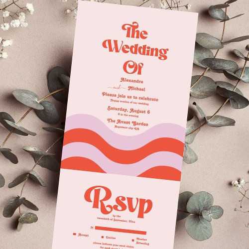 Modern Retro Pink And Orange Typography Wedding  All In One Invitation