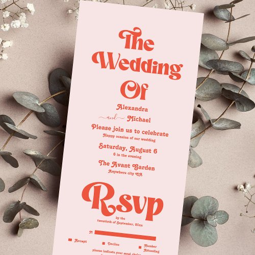 Modern Retro Pink And Orange Typography Wedding All In One Invitation