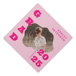 Modern Retro Pink Bold Typography Blob Photo Graduation Cap Topper
