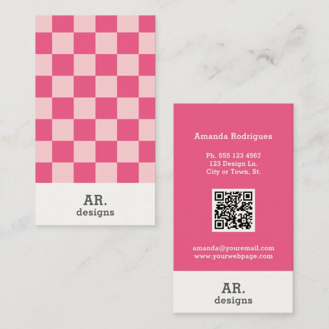 Modern Retro Pink Checkered Business Card  (Front/Back)