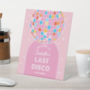Modern Retro Pink Disco Ball Bachelorette Welcome Pedestal Sign