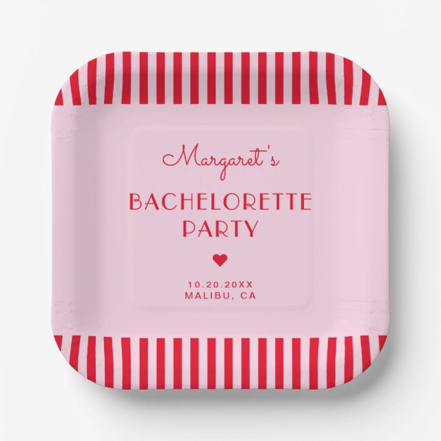Modern Retro Pink & Red Stripes Bachelorette Party Paper Plates (Front)