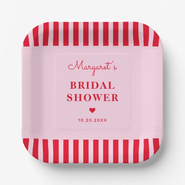 Modern Retro Pink & Red Stripes Bridal Shower Paper Plates (Front)