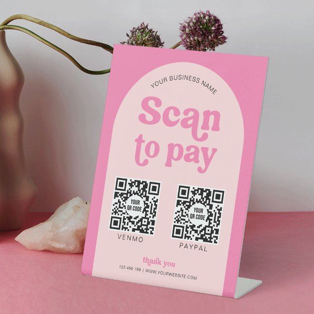 Modern Retro Pink Scan to Pay 2 QR Code Payment Pedestal Sign (Feminine Business Scan to Pay pedestal sign with space for 2 QR codes in a retro pink design)