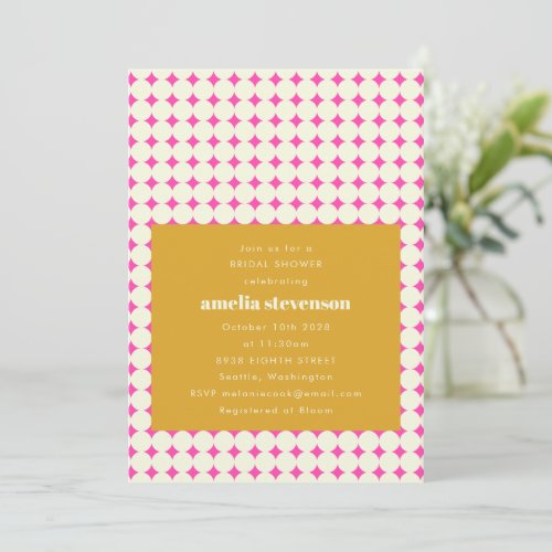 Modern Retro Pink Yellow Dots Bridal Shower Invitation