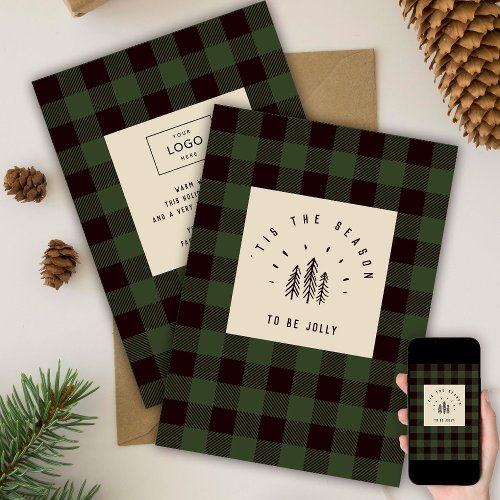 Modern Retro Plaid Vintage Green Logo Business Holiday Card