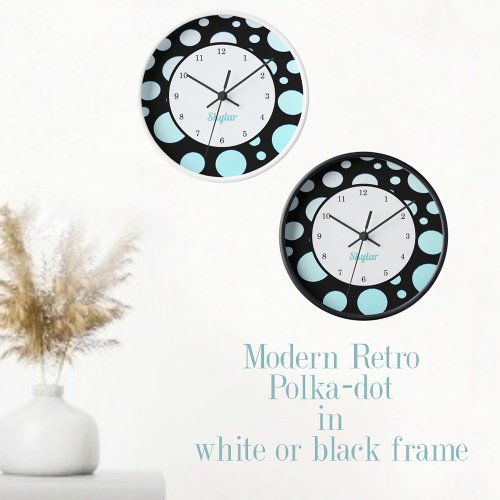 Modern Retro Polka_dots Blue White and Black Clock