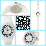 Modern Retro Polka-dots Blue White and Black Watch<br><div class="desc">Personalize this modern fun and funky retro style polka-dots watch with a Name or your own text within the circular border of turquoise blue and white gradient circles on black.

This image is original photography by JLW_PHOTOGRAPHY.</div>