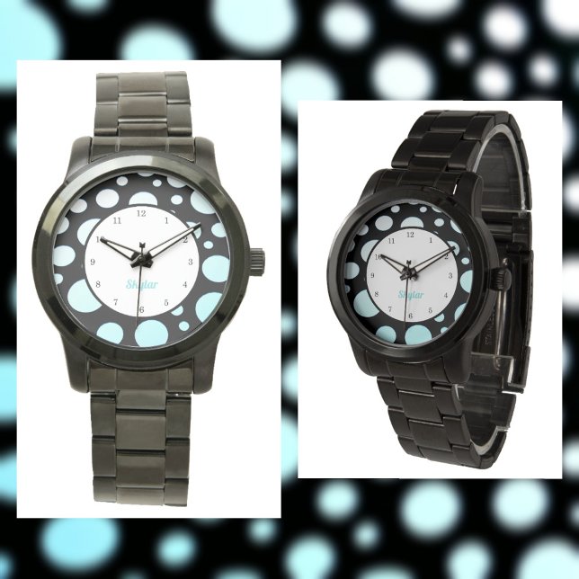 Modern Retro Polka-dots Blue White and Black Watch (Creator Uploaded)