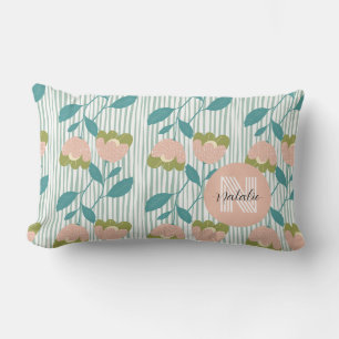 Modern retro Pretty monogram pattern floral blue Lumbar Pillow