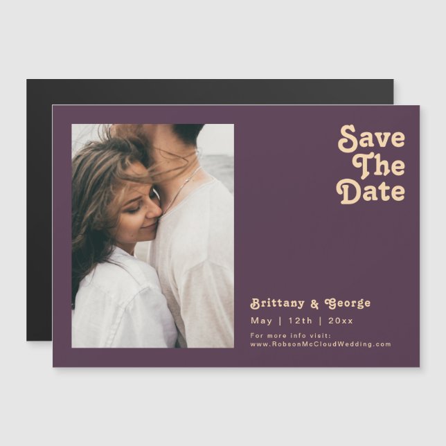 Modern Retro | Purple Horizontal Save The Date Magnetic Invitation (Front/Back)