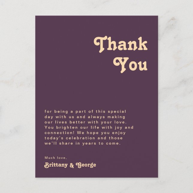 Modern Retro Purple Reception Table Thank You Card (Front)