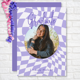 Modern Retro Purple & White Check Photo Graduation Invitation