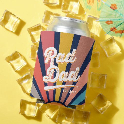 Modern Retro Rad Dad Fun Vintage Rainbow Can Cooler