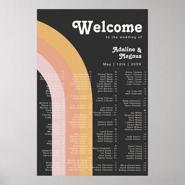 Modern Retro Rainbow | Dark Alphabetical Seating Poster (Front)