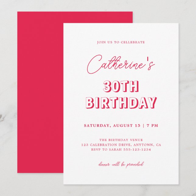 Modern Retro Red 30th Birthday Party Invitation (Front/Back)