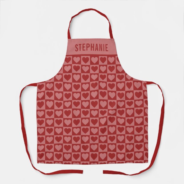 Modern Retro Red and Pink Heart Pattern Custom Apron (Front)