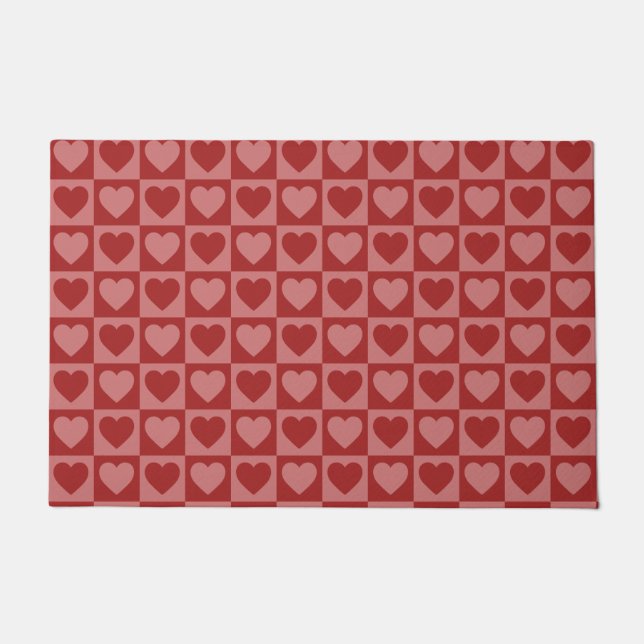 Modern Retro Red and Pink Minimalist Heart Pattern Doormat (Front)