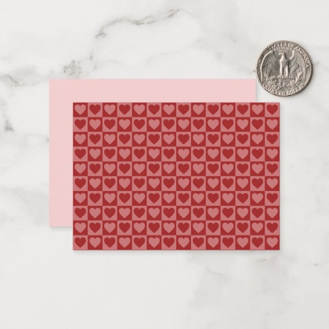 Modern Retro Red and Pink Minimalist Heart Pattern Note Card (Front/Back In Situ)