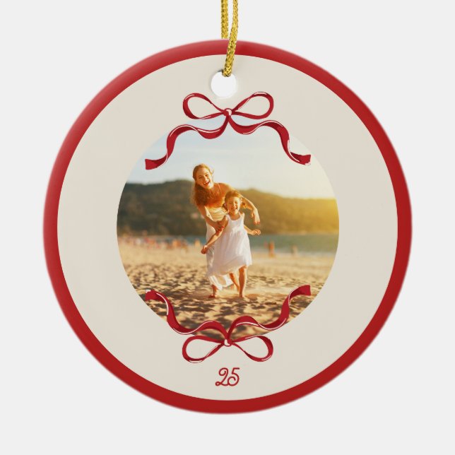 Modern Retro Red Bows Trendy Christmas photo Ceramic Ornament (Front)