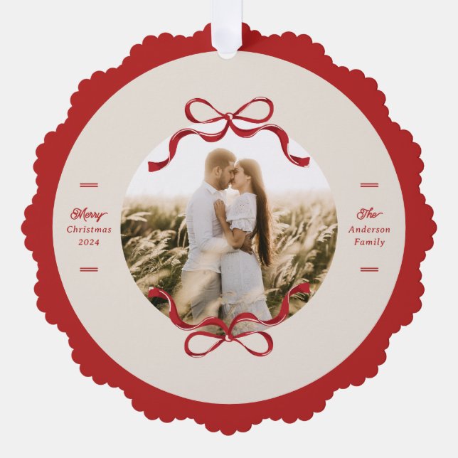 Modern Retro Red Bows Trendy Christmas photo Ornament Card (Front)