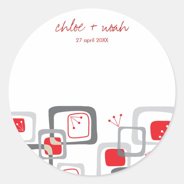 Modern Retro Red Cherry Squares Wedding Sticker (Front)