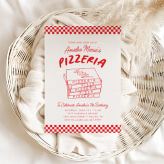 Modern Retro Red Italian Pizzeria Pizza Party Invitation