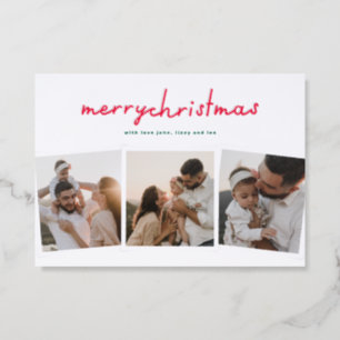modern retro red merry christmas 4 photo collage letterpress photo cards