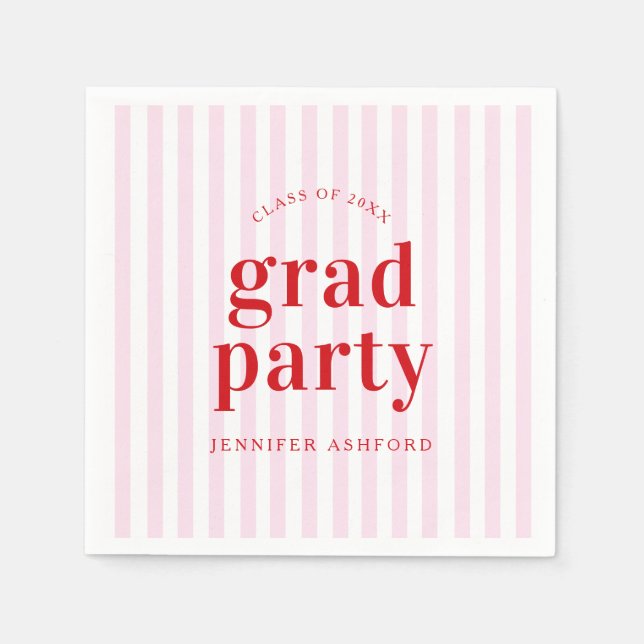 Modern Retro Red & Pink Stripes Graduation Party Napkins (Front)
