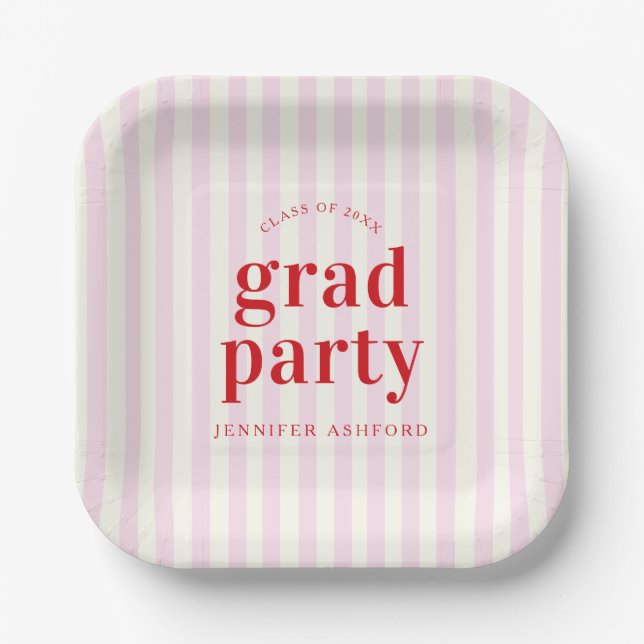 Modern Retro Red & Pink Stripes Graduation Party Paper Plates (Front)