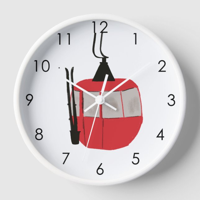 Modern Retro Red Ski Gondola Lift White Clock (Front)
