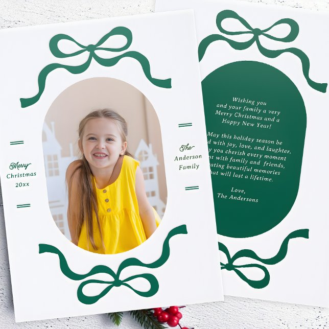 Modern Retro Ribbon Bows Green Christmas Letterpress Photo Cards (Creator Uploaded)
