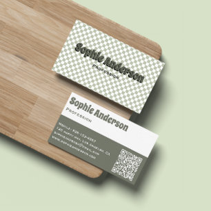 Modern Retro Sage Green Checkerboard with QR Code  Business Card