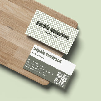 Modern Retro Sage Green Checkerboard with QR Code Business Card