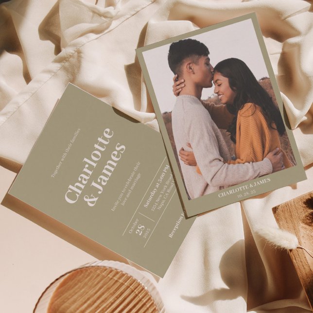Modern Retro Sage Green Photo Wedding Invitation (Creator Uploaded)