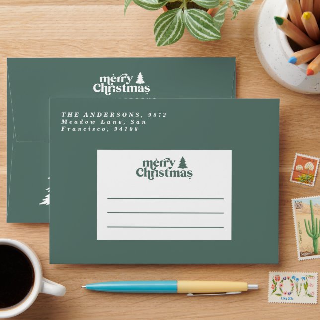 Modern retro Sage green typography Christmas Envelope (Desk)