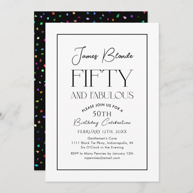 Modern Retro Script Men's Fiftieth Birthday Party Invitation (Front/Back)